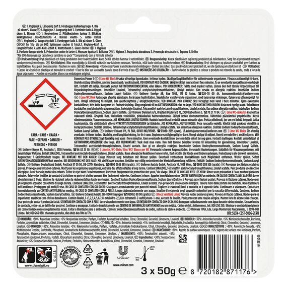 Domestos Power 5 Toilettenstein Limette WC Reiniger im Vorteilspack Volle Power bis zu 900 Spülungen im Trio 3x 50 g (Packung mit 4)