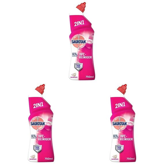 Sagrotan WC-Reiniger Blütenfrische – 2in1 Reinigungsmittel mit Antischmutzfilm für langanhaltende WC-Frische – 1 x 750 ml (Packung mit 3)