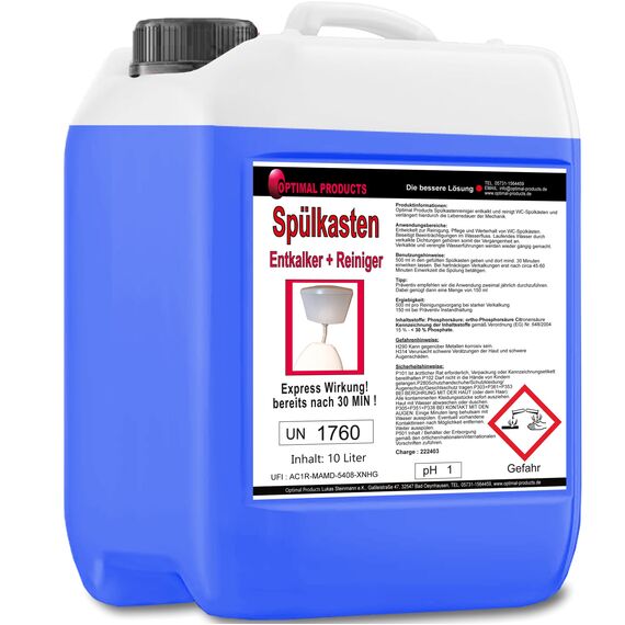 Optimal Products 10 Liter Spülkasten Entkalker mit Express-Wirkung nach 30 Minuten, 2 in 1 - Löst Kalk und reinigt den WC-Spülkasten