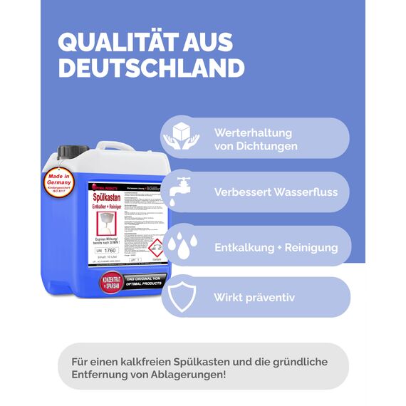 Optimal Products 10 Liter Spülkasten Entkalker mit Express-Wirkung nach 30 Minuten, 2 in 1 - Löst Kalk und reinigt den WC-Spülkasten