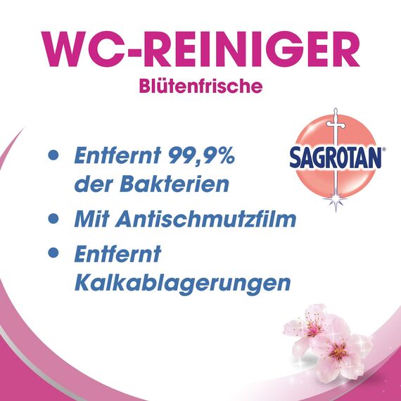 Sagrotan WC-Reiniger Blütenfrische – 2in1 Reinigungsmittel mit Antischmutzfilm für langanhaltende WC-Frische – 1 x 750 ml (Packung mit 3)