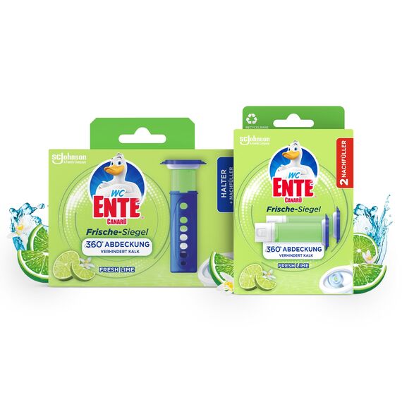 WC-Ente Frische Siegel Vorteilspack, Starter Set (inkl. 1 Nachfüller) und 2 Nachfüller, körbchenloser WC-Reiniger, Limone