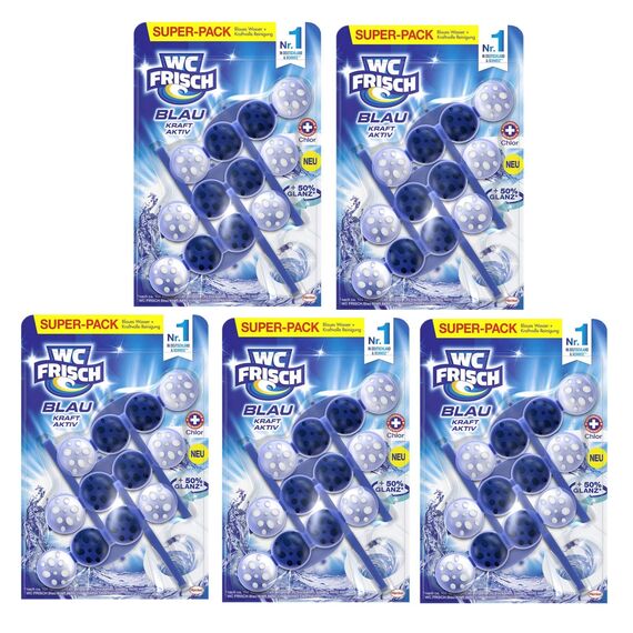 WC FRISCH Kraft Aktiv Blauspüler Chlor, WC-Reiniger, 5er Pack (5 x 150 g) Farbspüler mit 50 Prozent mehr Glanz