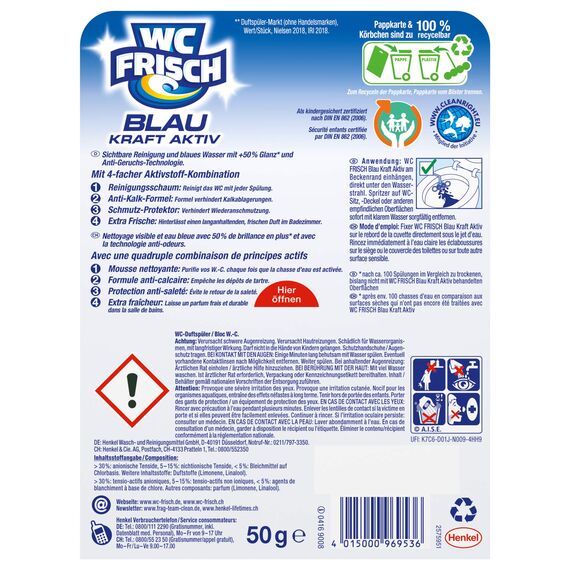WC FRISCH Kraft Aktiv Blauspüler Chlor, WC-Reiniger und Farbspüler für hygienische Sauberkeit, mit 50 Prozent mehr Glanz ,1er Pack, 50 g