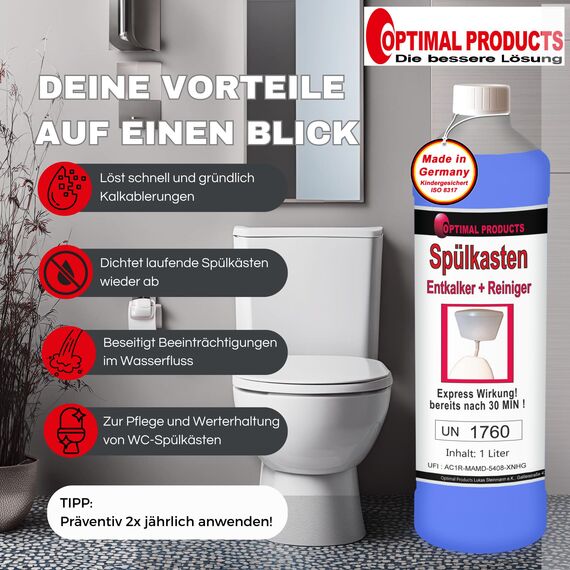 Optimal Products 5 Liter Spülkasten Entkalker mit Express-Wirkung nach 30 Minuten, 2 in 1 - Löst Kalk und reinigt den WC-Spülkasten