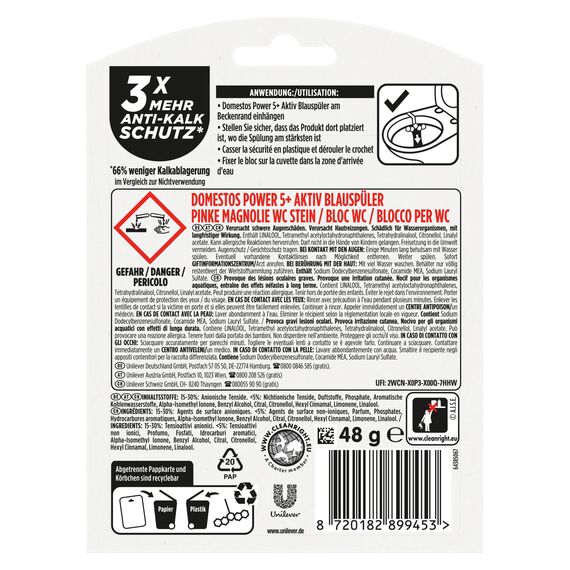 Domestos Power 5+ Aktiv Blauspüler Pinke Magnolie WC Reiniger mit Anti-Kalk Schutz für effektive WC Reinigung 48 g