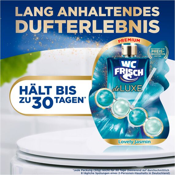 WC Frisch DeLuxe Lovely Jasmin (50 g), WC-Reiniger mit zartem Jasminduft, Duftsteine mit Parfümperlen für einen Parfüm-Boost bei jeder Spülung