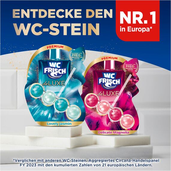 WC Frisch DeLuxe Lovely Jasmin (50 g), WC-Reiniger mit zartem Jasminduft, Duftsteine mit Parfümperlen für einen Parfüm-Boost bei jeder Spülung