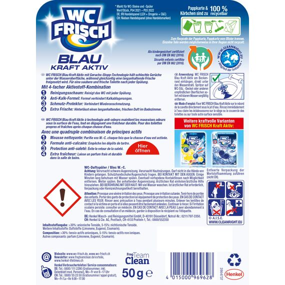 WC FRISCH Kraft Aktiv Blauspüler Ozeanfrische (10er Pack), WC Reiniger mit innovativer Geruchs-Stopp-Formel, Duftsteine für extra Frische und eine sichtbare Reinigung