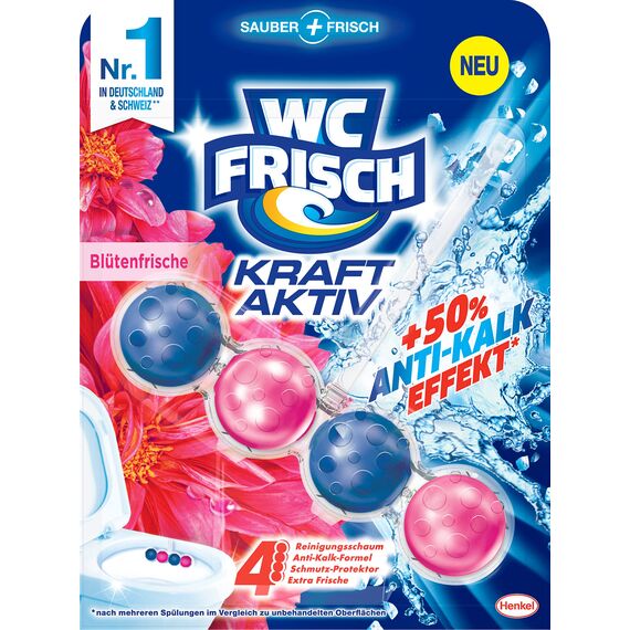 WC FRISCH Kraft Aktiv Blauspüler Blütenfrische, WC-Reiniger, 10 Stück, Farbspüler mit 50 Prozent mehr Glanz