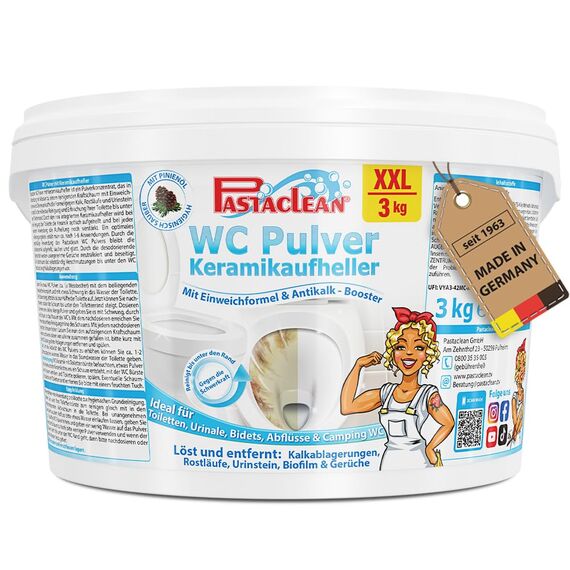 Pastaclean WC Pulver XXL 3 kg – Extra starker WC-Reiniger & Urinsteinentferner mit Pinienöl – Keramikaufheller & Bleaching-Effekt – Kalkreiniger & WC-Schaum gegen Urinstein, Kalk & Ablagerungen