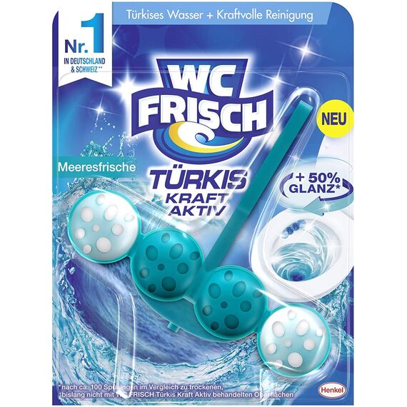 WC FRISCH Kraft Aktiv Türkisspüler Meeresfrische, WC-Reiniger, 3er Pack (3 x 50 g), Farbspüler mit 50 Prozent mehr Glanz