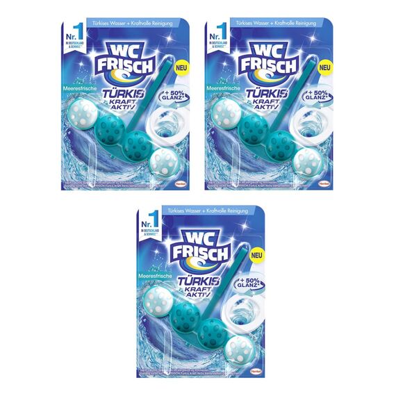 WC FRISCH Kraft Aktiv Türkisspüler Meeresfrische, WC-Reiniger, 3er Pack (3 x 50 g), Farbspüler mit 50 Prozent mehr Glanz