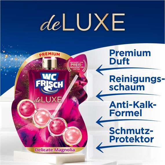WC FRISCH DeLuxe Delicate Magnolia (50 g), WC Reiniger mit zartem Magnolienduft, Duftsteine mit Parfümperlen für einen Parfüm-Boost bei jeder Spülung