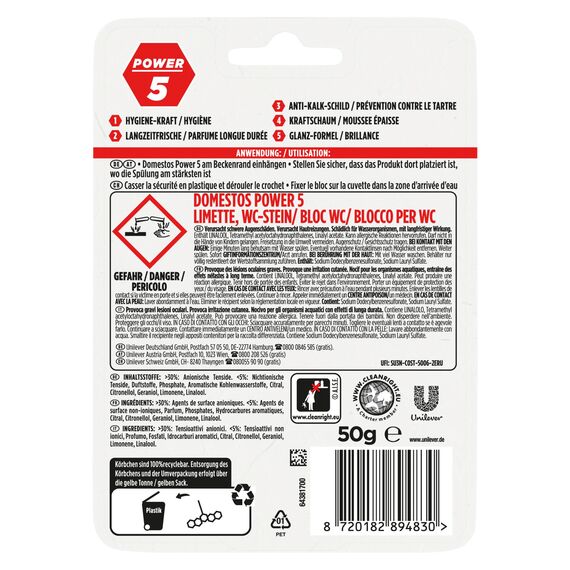 Domestos Power 5 Toilettenstein Limette WC Reiniger Volle Power bis zu 300 Spülungen 50 g 9 Stück