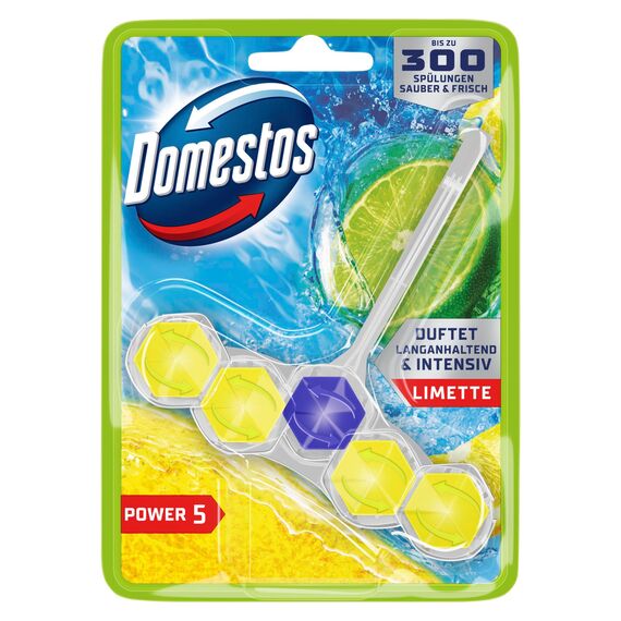 Domestos Power 5 Toilettenstein Limette WC Reiniger Volle Power bis zu 300 Spülungen 50 g 9 Stück