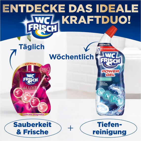 WC FRISCH DeLuxe Delicate Magnolia (50 g), WC Reiniger mit zartem Magnolienduft, Duftsteine mit Parfümperlen für einen Parfüm-Boost bei jeder Spülung