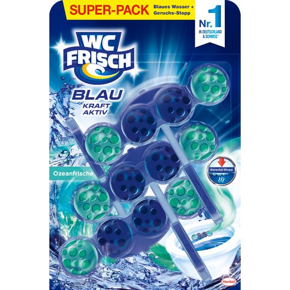 WC FRISCH Kraft Aktiv Blauspüler Ozeanfrische (150 g), WC Reiniger mit innovativer Geruchs-Stopp-Formel, Duftsteine für extra Frische und eine sichtbare Reinigung