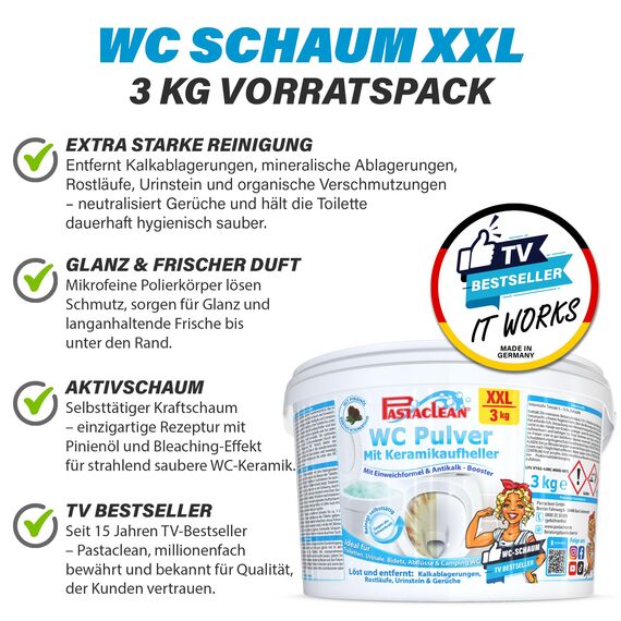 Pastaclean WC Pulver XXL 3 kg – Extra starker WC-Reiniger & Urinsteinentferner mit Pinienöl – Keramikaufheller & Bleaching-Effekt – Kalkreiniger & WC-Schaum gegen Urinstein, Kalk & Ablagerungen