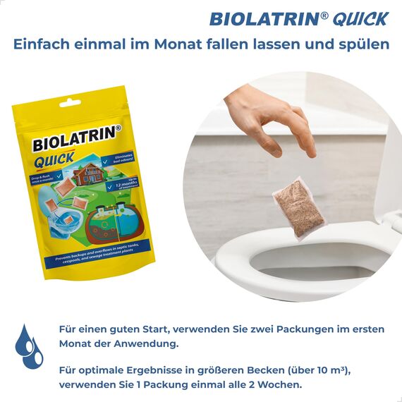 BIOLATRIN QUICK Bioaktiven Klärgrube Behandlung - Klärgrubenbehandlung - Klärgruben zersetzer - Einfache Anwendung - Für Haushalte, Kläranlagen - Schnelle Wirkung - 24 Beutel für 2 Jahre - Set 2 Stück