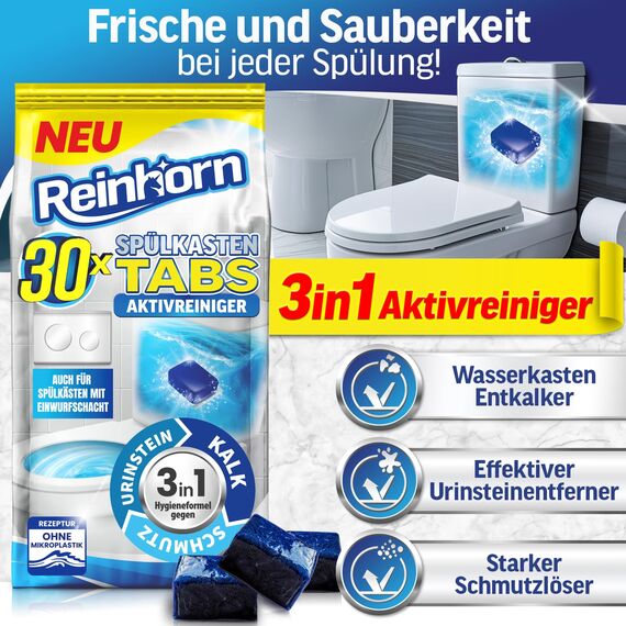 REINHORN Spülkasten Tabs 3in1 Wasserkastenwürfel mit Aktivreiniger, Wasserkasten Entkalker, Urinsteinentferner, Biofilm Blocker und Schmutzlöser - auch für Spülkästen mit Einwurfschacht (30 Stück)