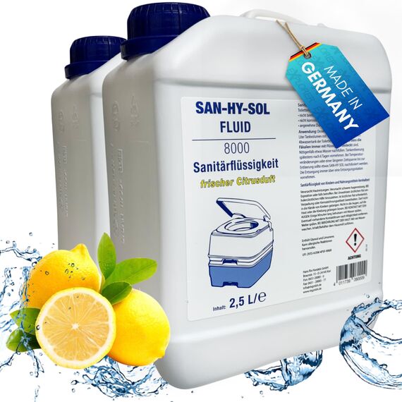 EXPLORER® San-Hy-Sol Sanitärflüssigkeit für Campingtoilette 5L (2x2,5L) Made in Germany wie Aquakem Blue mit frischem Zitronenduft Temperaturbeständig & Wirkungsvoll