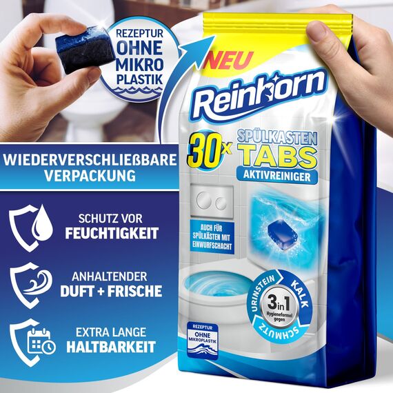 REINHORN Spülkasten Tabs 3in1 Wasserkastenwürfel mit Aktivreiniger, Wasserkasten Entkalker, Urinsteinentferner, Biofilm Blocker und Schmutzlöser - auch für Spülkästen mit Einwurfschacht (30 Stück)