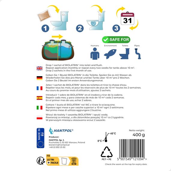 BIOLATRIN QUICK Bioaktiven Klärgrube Behandlung - Klärgrubenbehandlung - Klärgruben zersetzer - Einfache Anwendung - Für Haushalte, Kläranlagen - Schnelle Wirkung - 24 Beutel für 2 Jahre - Set 2 Stück