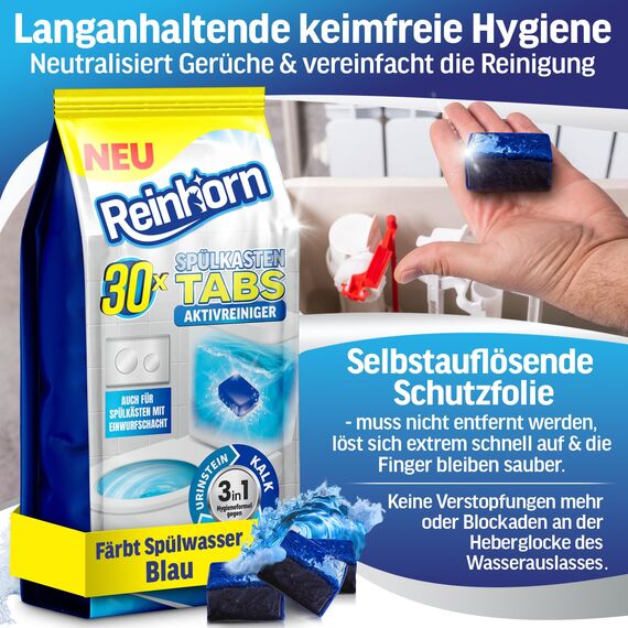 REINHORN Spülkasten Tabs 3in1 Wasserkastenwürfel mit Aktivreiniger, Wasserkasten Entkalker, Urinsteinentferner, Biofilm Blocker und Schmutzlöser - auch für Spülkästen mit Einwurfschacht (30 Stück)
