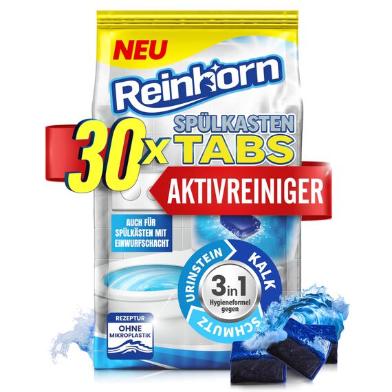 REINHORN Spülkasten Tabs 3in1 Wasserkastenwürfel mit Aktivreiniger, Wasserkasten Entkalker, Urinsteinentferner, Biofilm Blocker und Schmutzlöser - auch für Spülkästen mit Einwurfschacht (30 Stück)