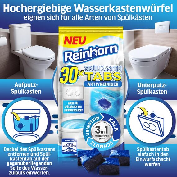REINHORN Spülkasten Tabs 3in1 Wasserkastenwürfel mit Aktivreiniger, Wasserkasten Entkalker, Urinsteinentferner, Biofilm Blocker und Schmutzlöser - auch für Spülkästen mit Einwurfschacht (30 Stück)