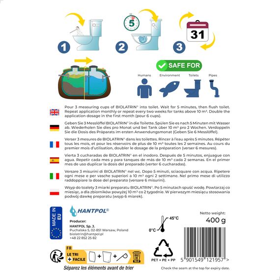BIOLATRIN CLASSIC Fortschrittliche biologische Klärgrubenbehandlung - Klärgruben zersetzer - Für Haus, Hof, Freizeitanlagen - Schnelle Ergebnisse für die Sickergrube - 2 x 400G - Sparset 2 Packungen