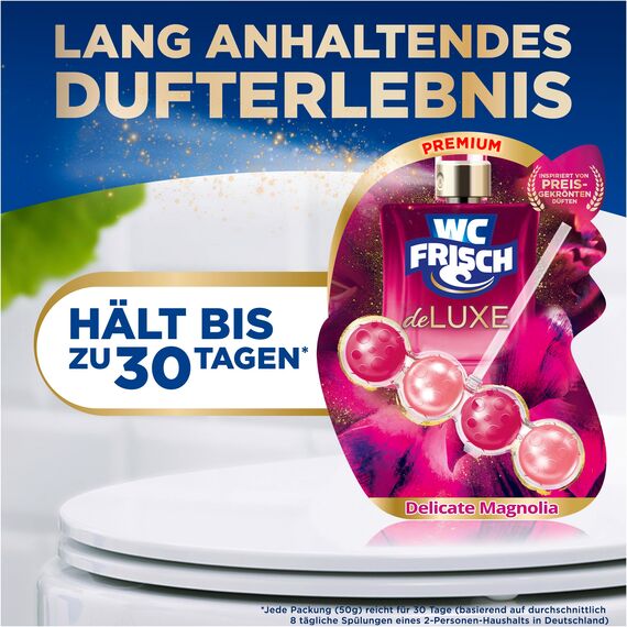WC FRISCH DeLuxe Delicate Magnolia (50 g), WC Reiniger mit zartem Magnolienduft, Duftsteine mit Parfümperlen für einen Parfüm-Boost bei jeder Spülung