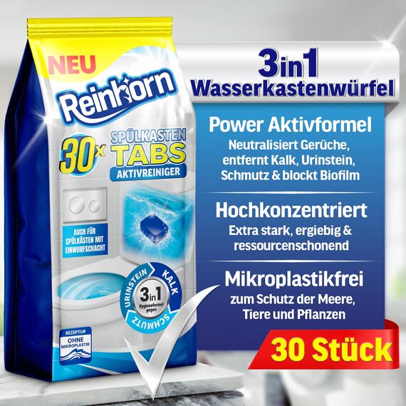 REINHORN Spülkasten Tabs 3in1 Wasserkastenwürfel mit Aktivreiniger, Wasserkasten Entkalker, Urinsteinentferner, Biofilm Blocker und Schmutzlöser - auch für Spülkästen mit Einwurfschacht (30 Stück)