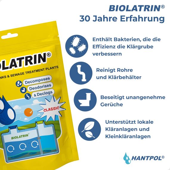 BIOLATRIN Classic 400 g Geruchsentferner und Klärgrubenreiniger – Biologisches Mittel gegen Geruch & Schlamm in Sickergrube & Außentoilette – Zersetzt Fäkalien & Papier – Für Kleingarten & Camping WC