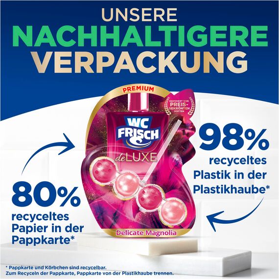 WC FRISCH DeLuxe Delicate Magnolia (50 g), WC Reiniger mit zartem Magnolienduft, Duftsteine mit Parfümperlen für einen Parfüm-Boost bei jeder Spülung