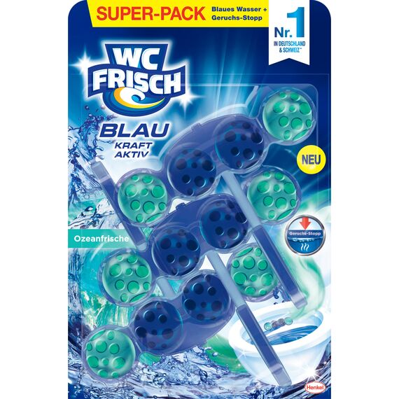 WC FRISCH Kraft Aktiv Blauspüler Ozeanfrische (150 g), WC Reiniger mit innovativer Geruchs-Stopp-Formel, Duftsteine für extra Frische und eine sichtbare Reinigung