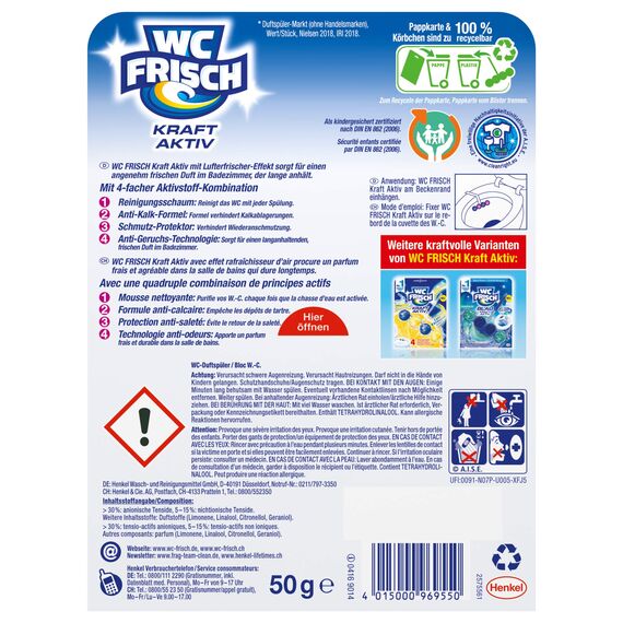 WC FRISCH Kraft Aktiv Duftspüler Blütenfrische, mit Lufterfrischer Effekt, 4 (4x1) Stück