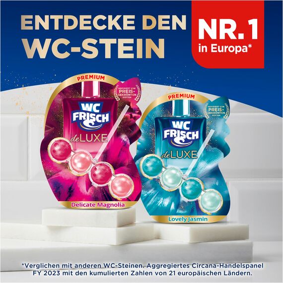 WC FRISCH DeLuxe Delicate Magnolia (50 g), WC Reiniger mit zartem Magnolienduft, Duftsteine mit Parfümperlen für einen Parfüm-Boost bei jeder Spülung