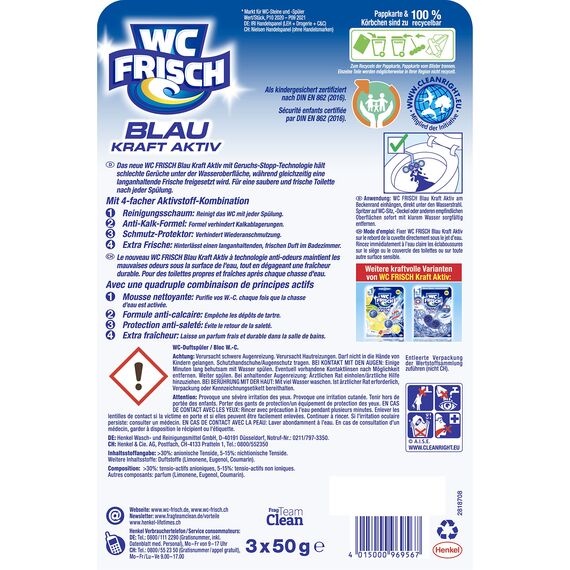 WC FRISCH Kraft Aktiv Blauspüler Ozeanfrische (150 g), WC Reiniger mit innovativer Geruchs-Stopp-Formel, Duftsteine für extra Frische und eine sichtbare Reinigung