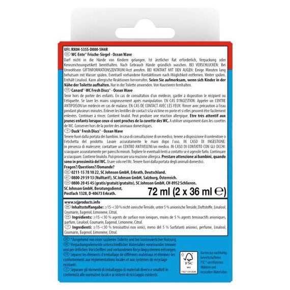 WC-Ente Frische-Siegel Nachfüller, körbchenloser WC-Reiniger, WC Duft, Ocean Wave, 2 Nachfüller (2 Stück)
