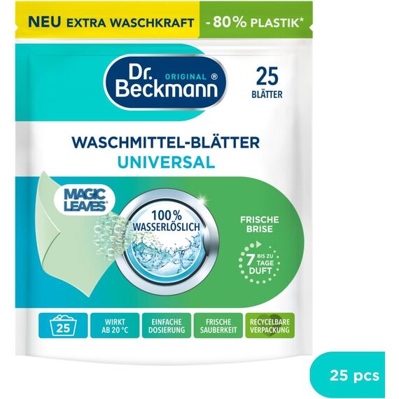 Dr. Beckmann MAGIC LEAVES Waschmittel-Blätter UNIVERSAL | vordosierte & wasserlösliche Waschblätter | platzsparend und leicht anzuwenden | 25 Blätter