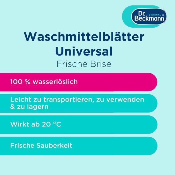 Dr. Beckmann MAGIC LEAVES Waschmittel-Blätter UNIVERSAL | vordosierte & wasserlösliche Waschblätter | platzsparend und leicht anzuwenden | 25 Blätter