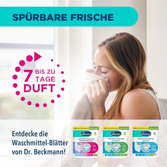 Dr. Beckmann MAGIC LEAVES Waschmittel-Blätter COLOR | vordosierte & wasserlösliche Waschblätter | platzsparend und leicht anzuwenden | 25 Blätter