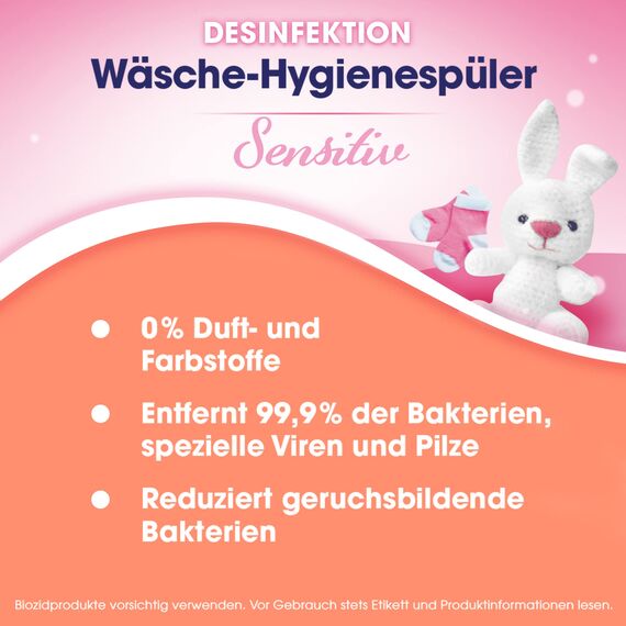 Sagrotan Wäsche-Hygienespüler Sensitiv Nachfüller – Desinfektionsspüler für hygienisch saubere und frische Wäsche – 5 x 1,2 l Reiniger im praktischen Vorteilspack