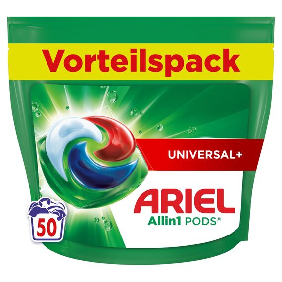 Ariel Waschmittel Pods All-in-1, Flüssigwaschmittel Kapseln 50 Waschladungen, Universal+, Kraftvolle Fleckentfernung ab der 1. Wäsche