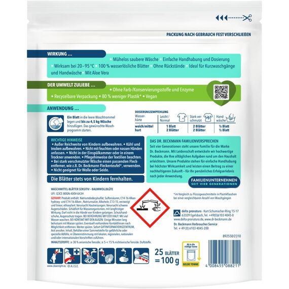 Dr. Beckmann Waschmittel-Blätter Sensitiv BAUMWOLLBLÜTE; 25 Blätter (Packung mit 2)
