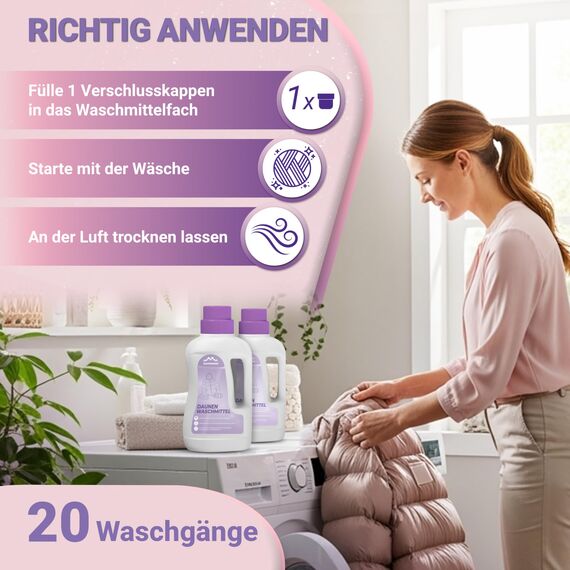 ALPENWERT® Daunenwaschmittel 1L - Spezialwaschmittel für Daunenjacken, Bettdecken, Schlafsäcke & Kissen - sanftes Waschmittel für fasertiefe Reinigung & Pflege mit frischem Duft - Made in Germany