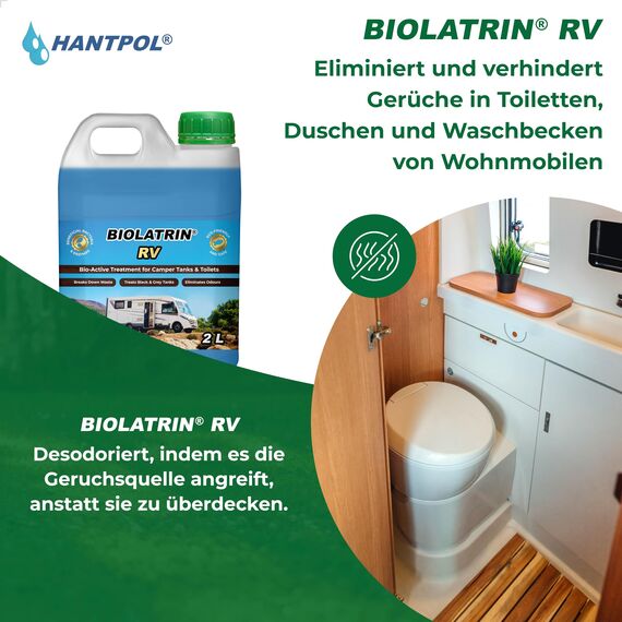 BIOLATRIN - Mikrobiologisch Flüssigkeit - Geruchsneutralisierer für Wohnmobil Wassertanks - 2L - für Schwarze und Graue Tanks - Beseitigt unangenehme Gerüche, Waschbecken und Abflüssen in Wohnmobilen