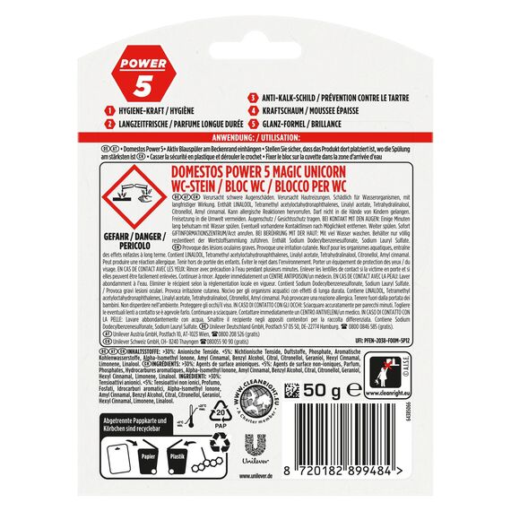 Domestos Power 5 Toilettenstein Magic Unicorn WC-Reiniger mit bezauberndem Duft 9x 50 g